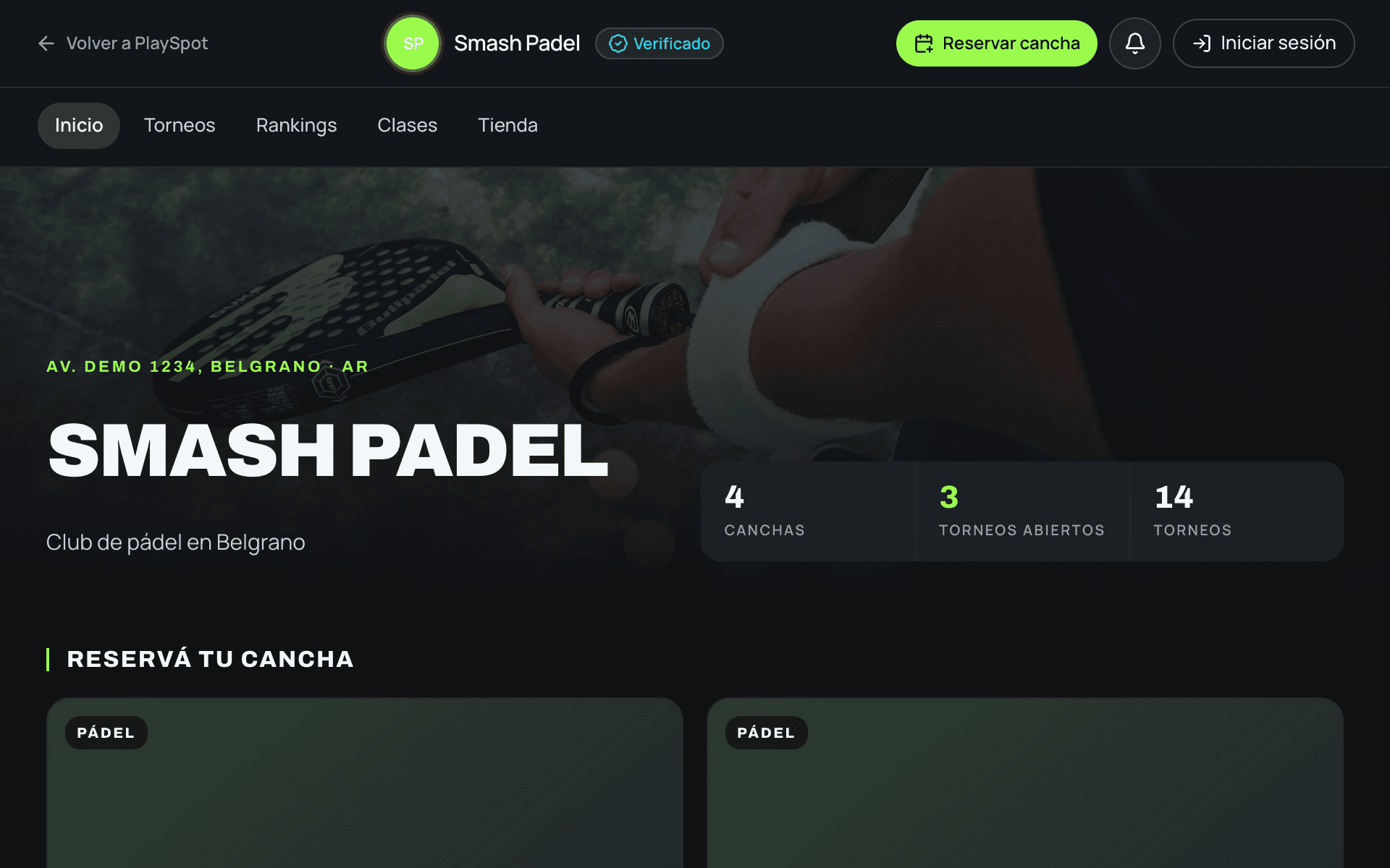 Public club site with court bookings and top players