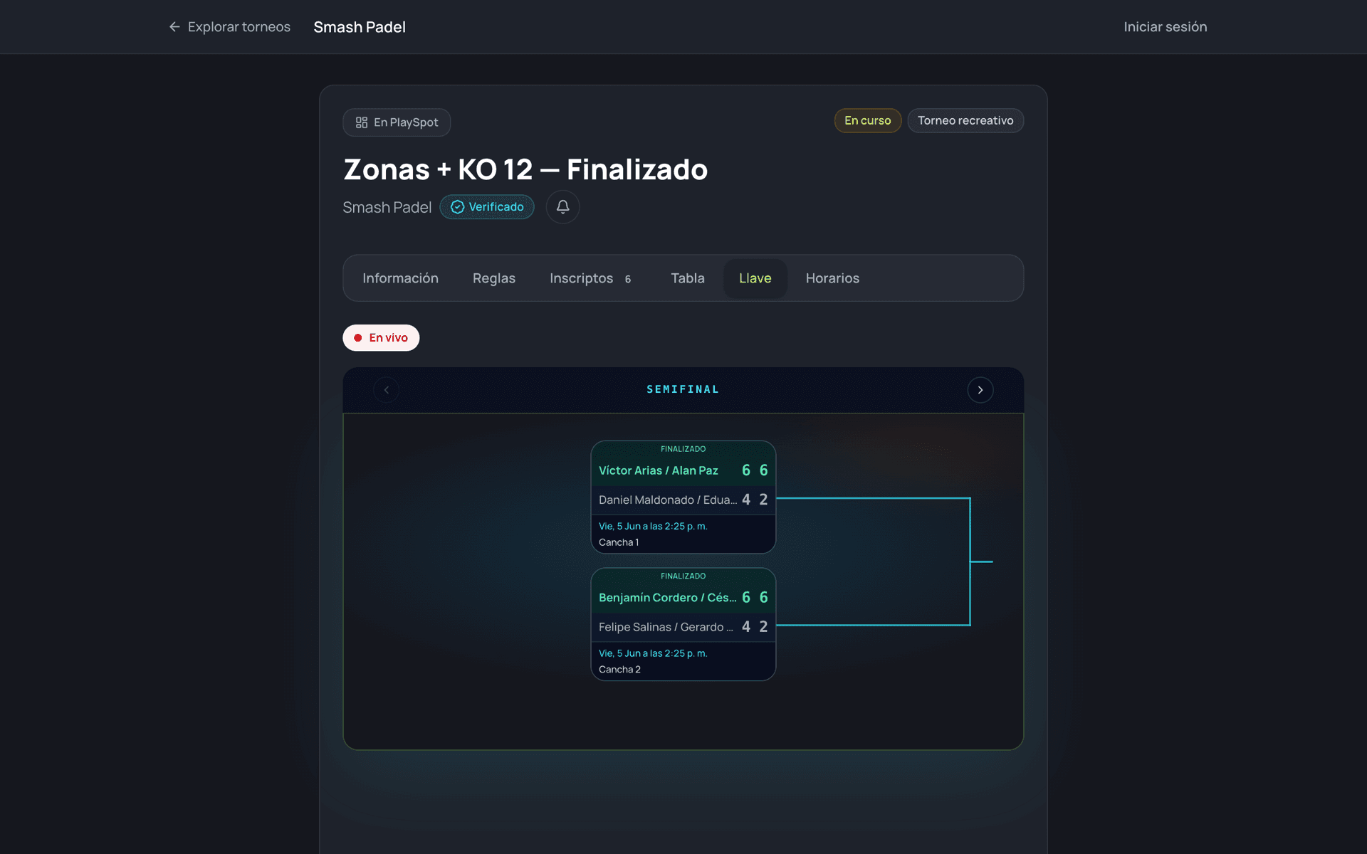 Live tournament bracket with results and court per match
